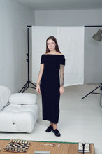 Load image into Gallery viewer, Black Off Shoulder Fitted Wool Maxi Dress
