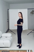 Load image into Gallery viewer, Black Off Shoulder Fitted Wool Maxi Dress
